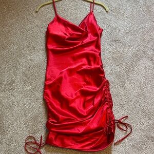 Red Satin Ruched Dress